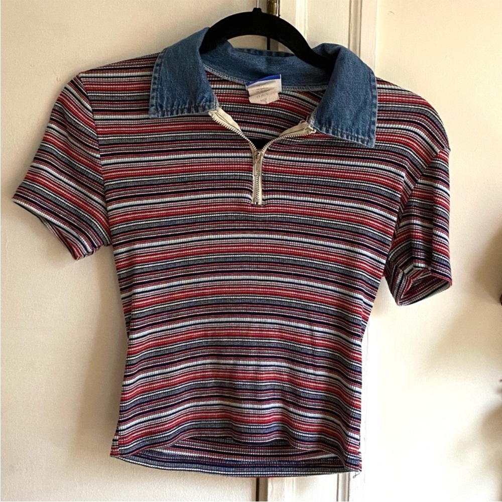 Vintage Denim Collar Striped Polo XS. Contrast Collar Zipped. Vintage Raglan